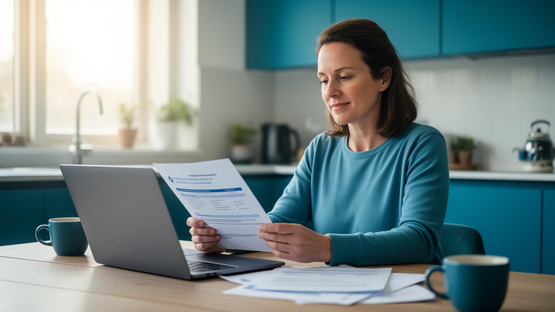 Vrouw bereidt haar zorgverzekering voor 2027 voor aan de keukentafel